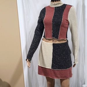 Lunachix 2 piece mini crop top skirt set sheer multi color with underlining NWT